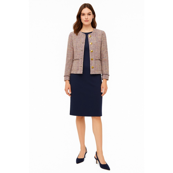 J.Crew Silk Cotton Blend Bouclé Tweed Jacket Blazer 10 Pink Cream Gold Buttons - Picture 3 of 15